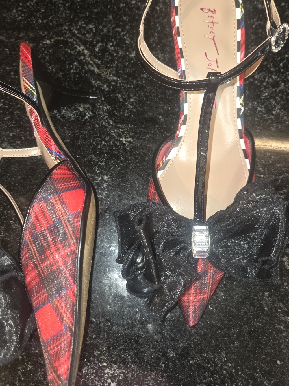 Betsey Johnson Black Patent T-Strap Pointed Heel with Red Plaid Toe - Picture 4 of 5